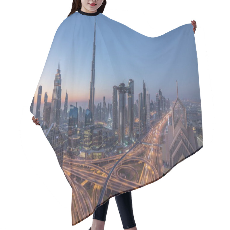 Personality  Dubai Downtown Skyline With Tallest Skyscrapers And Busiest Traffic On Highway Intersection Night To Day Timelapse Hair Cutting Cape