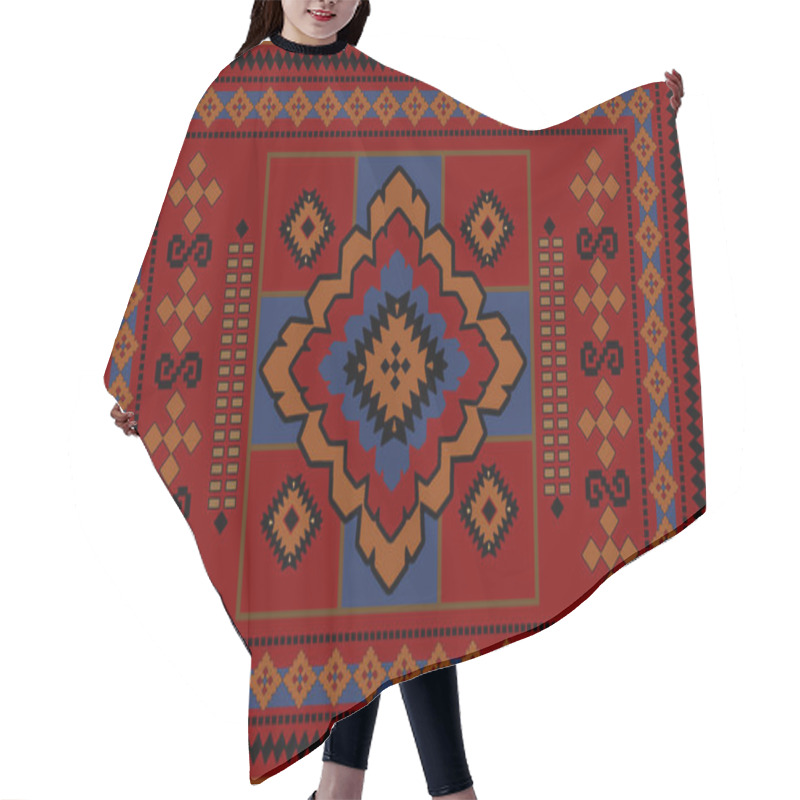 Personality  Old Oriental Carpet With Orange, Blue, Black And Beige Patterns On Red Background Hair Cutting Cape