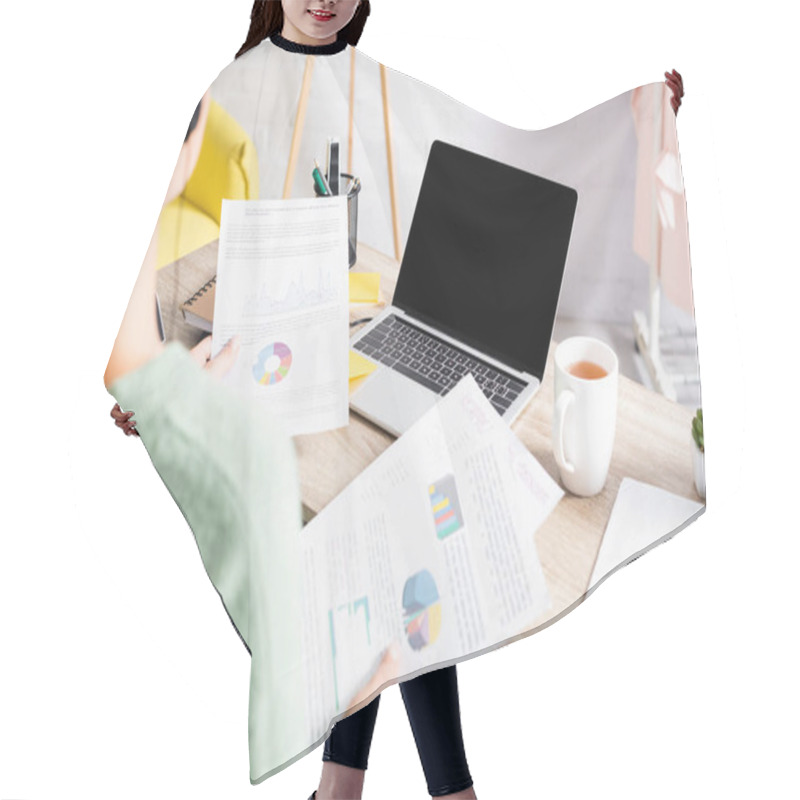 Personality  Laptop With Blank Screen Near Cup Of Tea And Freelancer In Headset Holding Documents On Blurred Foreground  Hair Cutting Cape