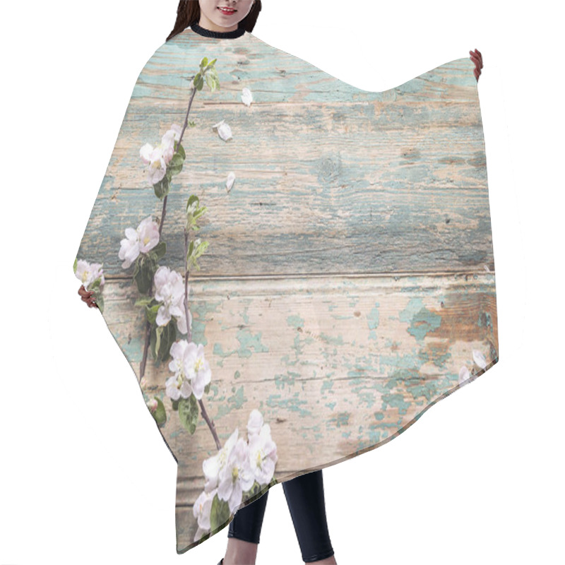 Personality  Apple Blossom On Old Wooden Background. Copy Space.  Hair Cutting Cape