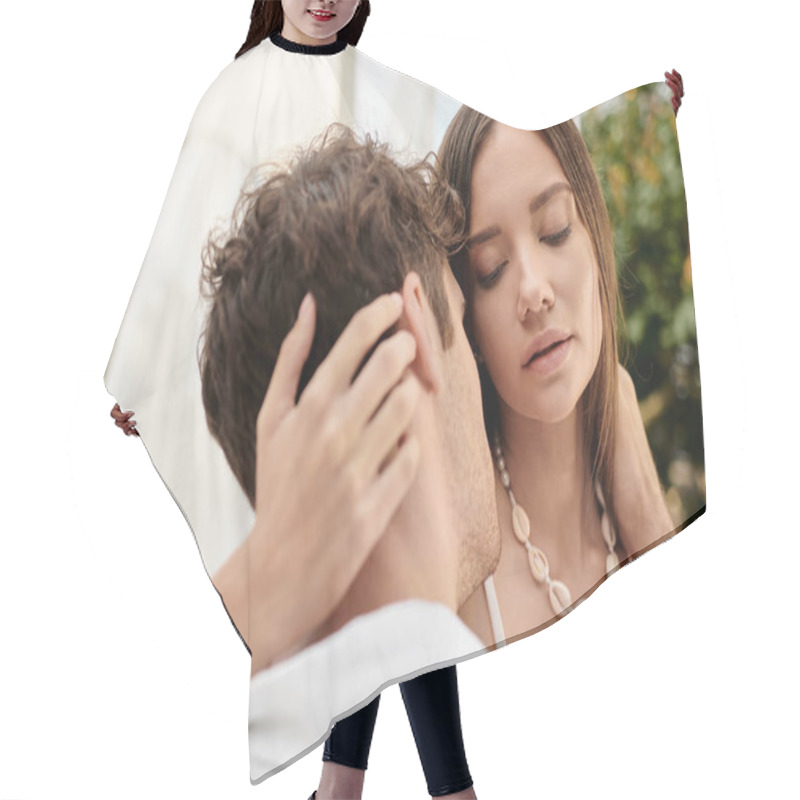 Personality  Portrait Of Man Embracing Beautiful Woman During Romantic Getaway In Summer, Loving Gesture Hair Cutting Cape