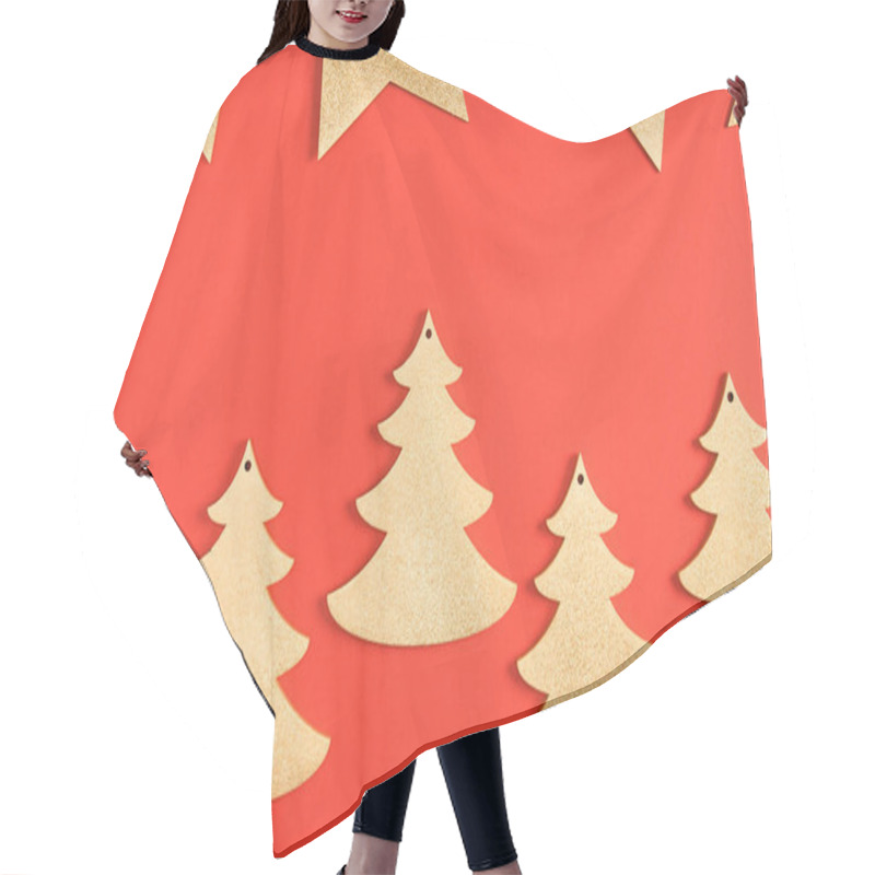 Personality  Top View Of Golden Stars And Fir Trees Symbols On Red Background Hair Cutting Cape