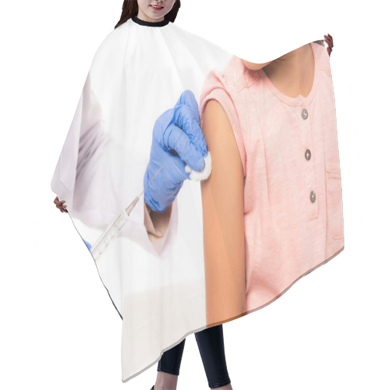 Personality  Cropped View Of Doctor Holding Cotton And Syringe Near Child Isolated On White Hair Cutting Cape