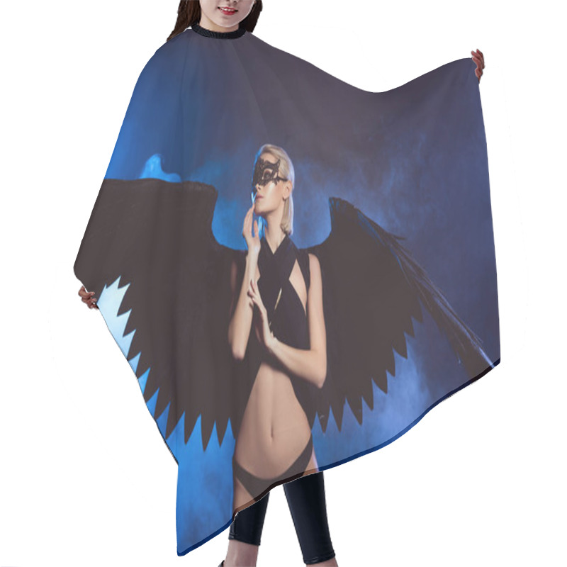 Personality  Beautiful Sexy Woman In Lace Mask And Black Angel Wings Touching Face And Posing On Dark Blue Background Hair Cutting Cape