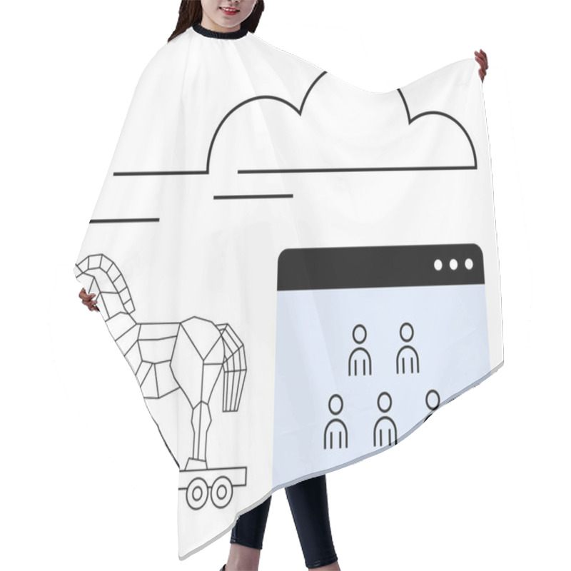 Personality  Geometric Trojan Horse On Wheels Beside A Web Window With User Icons Under A Cloud. Ideal For Cybersecurity, Data Breaches, Hacking, Cloud Risks, Malware, Internet Safety, Abstract Line Flat Metaphor Hair Cutting Cape