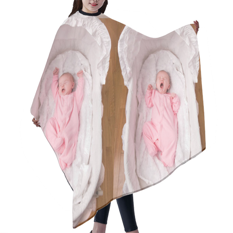 Personality  Newborn Baby Girl Yawning In Bassinet Hair Cutting Cape