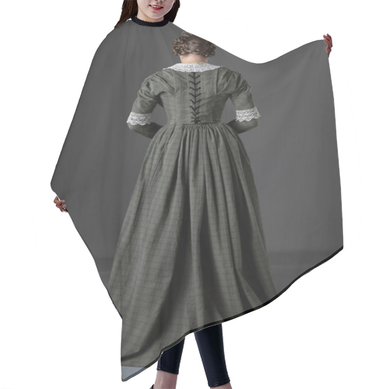 Personality  A Working Class Victorian Woman Wearing A Dark Green Checked Bodice And Skirt With A Lace Collar And Standing Against A Grey Studio Backdrop Hair Cutting Cape