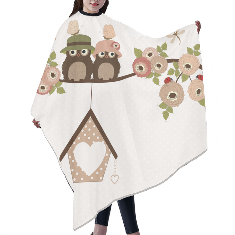 Personality  Cute Owls On A Branch With Roses  Hair Cutting Cape