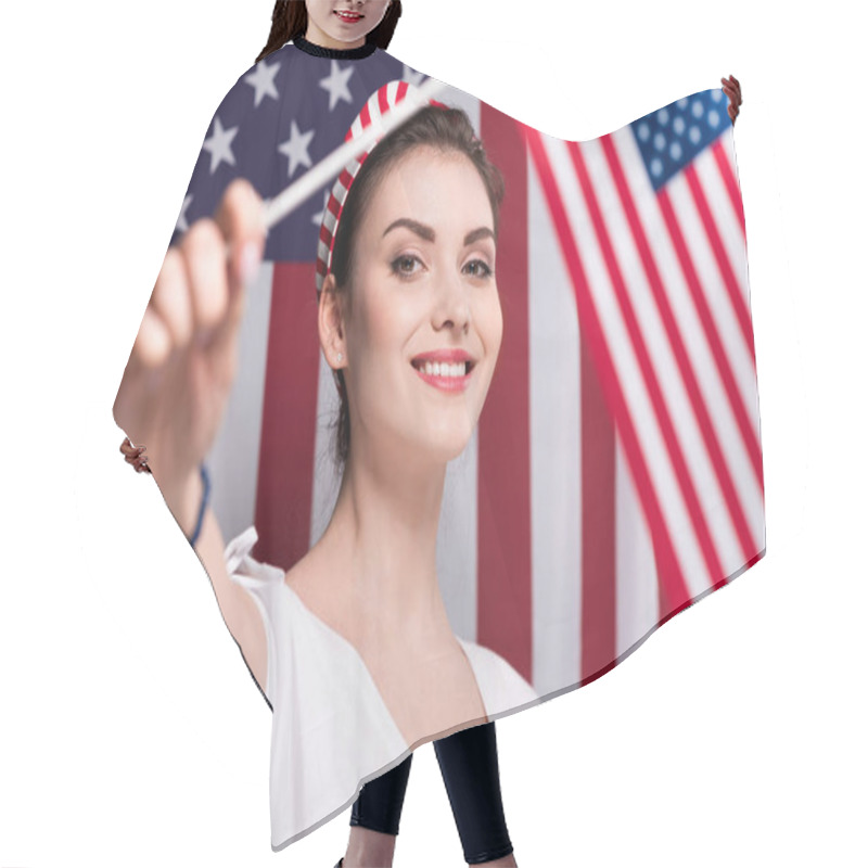 Personality  Woman Holding American Flag Hair Cutting Cape