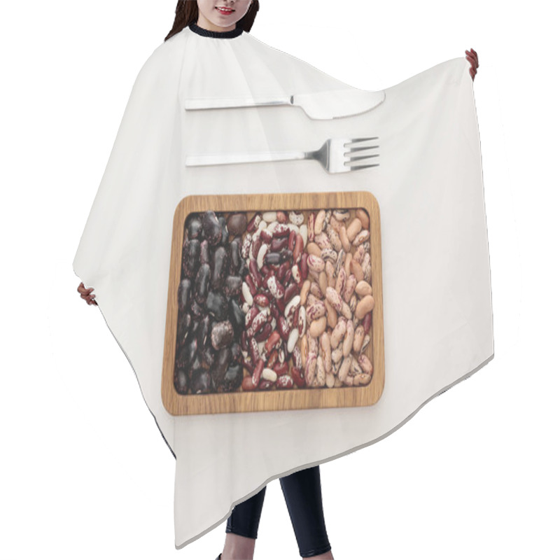 Personality  Top View Of Rectangular Wooden Dish With Raw Beans Near Fork And Knife On White Marble Surface Hair Cutting Cape