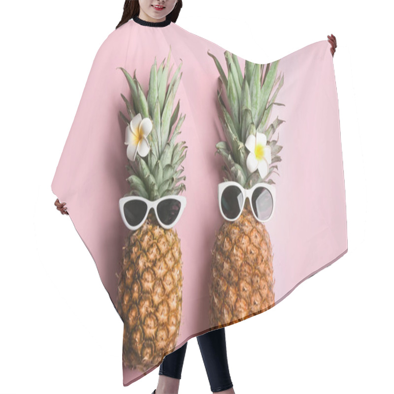 Personality  Funny Pineapples With Sunglasses And Plumeria Flowers On Pink Background, Flat Lay. Creative Concept Hair Cutting Cape