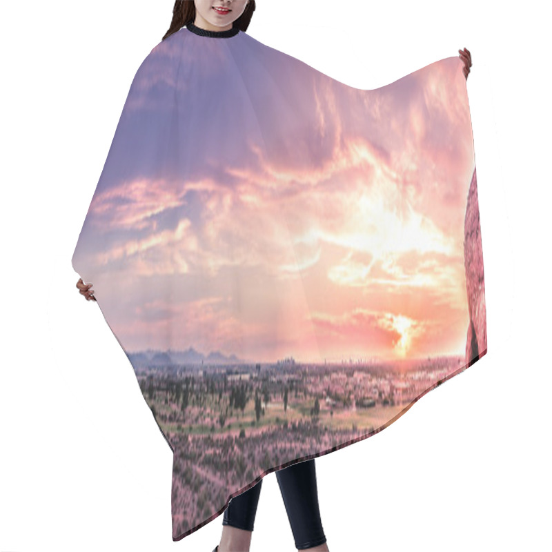 Personality  Panorama Of Sunset Over Late Evening Red Sky Over Phoenix,Arizona.  Papago Park Buttes In Foreground. Hair Cutting Cape