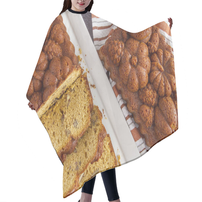 Personality  Close Up Of Pumpkin Bread On White Plate Shot From Above With Uncut Loaf On Side Sitting On Orange Striped Towel Hair Cutting Cape