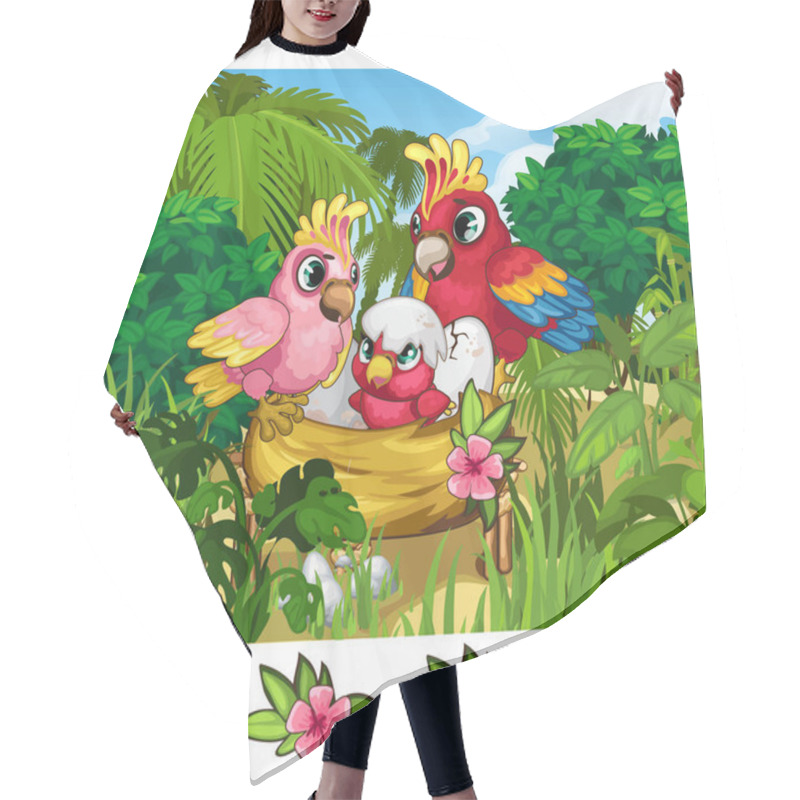 Personality  Two Tropical Parrots And Their Nestling In Nature Hair Cutting Cape