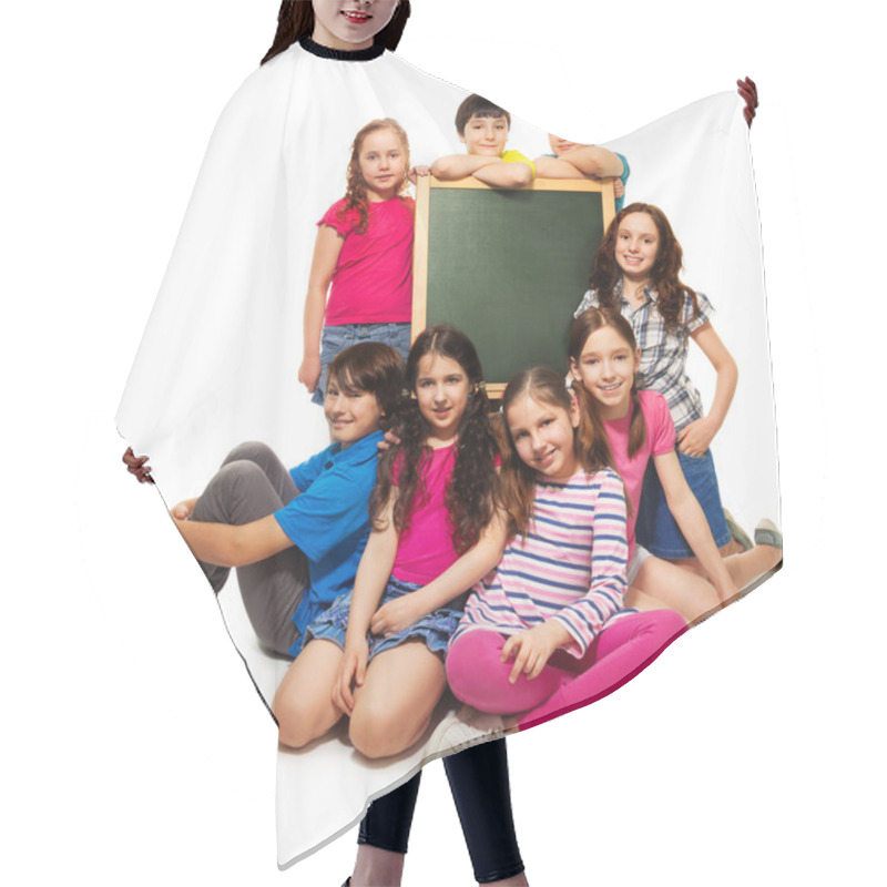 Personality  Large Group Of School Kids And Blackboard Hair Cutting Cape