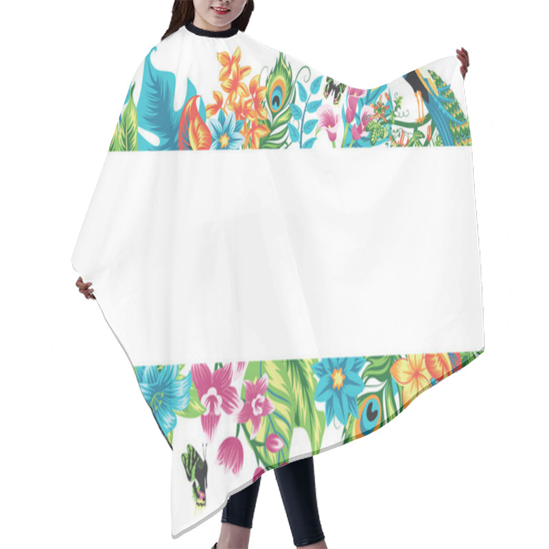 Personality  Banner With Tropical Leaves, Flowers And A Bird. Hair Cutting Cape