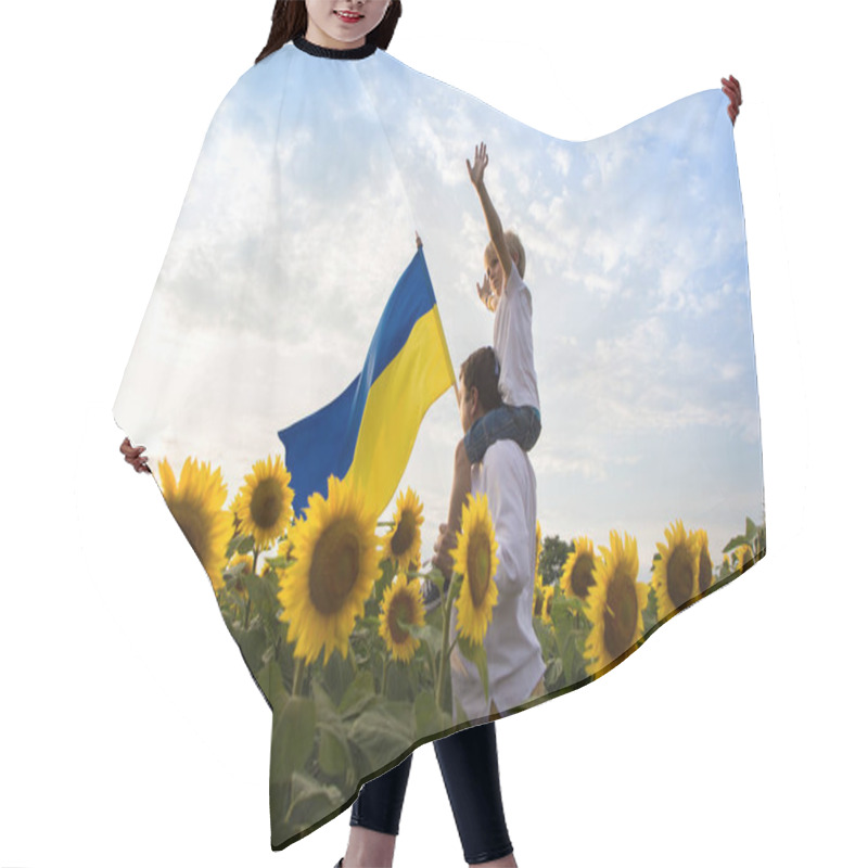 Personality  Dad With Son, Who Sits On His Shoulders, With Large Flag Of Ukraine Among A Blooming Field With Sunflowers. Patriotic Education. Pride, Faith In Victory. Independence Day. Ukrainians Against War Hair Cutting Cape