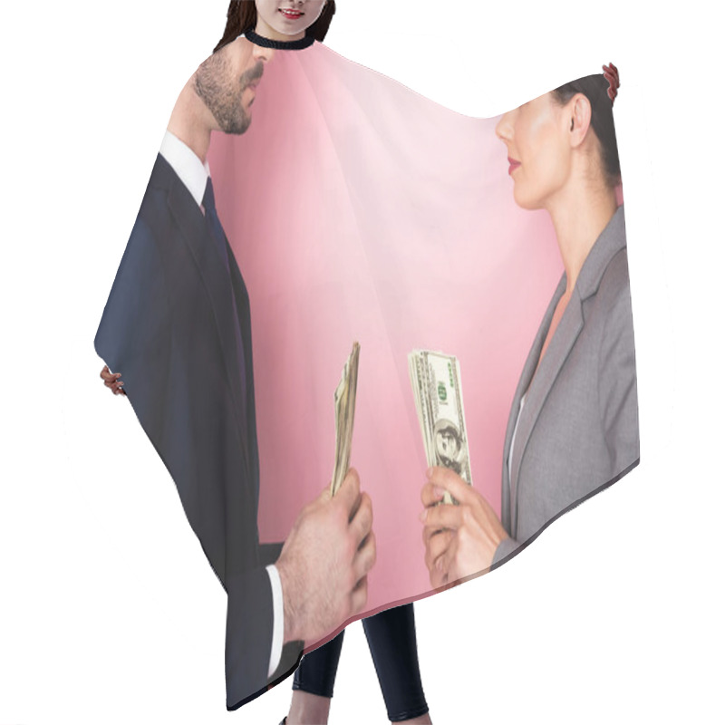 Personality  Side View Of Businesswoman Looking At Businessman Holding Dollar Banknotes On Pink, Gender Equality Concept  Hair Cutting Cape