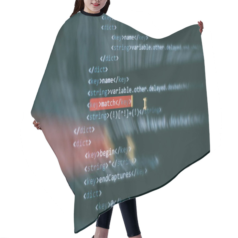 Personality  Programmer Developer Screen, Web App Coding. Script On Computer. Modern Display Of Data Source Code. Programming Code Abstract Screen Of Software Developer. Blue Color. Hair Cutting Cape