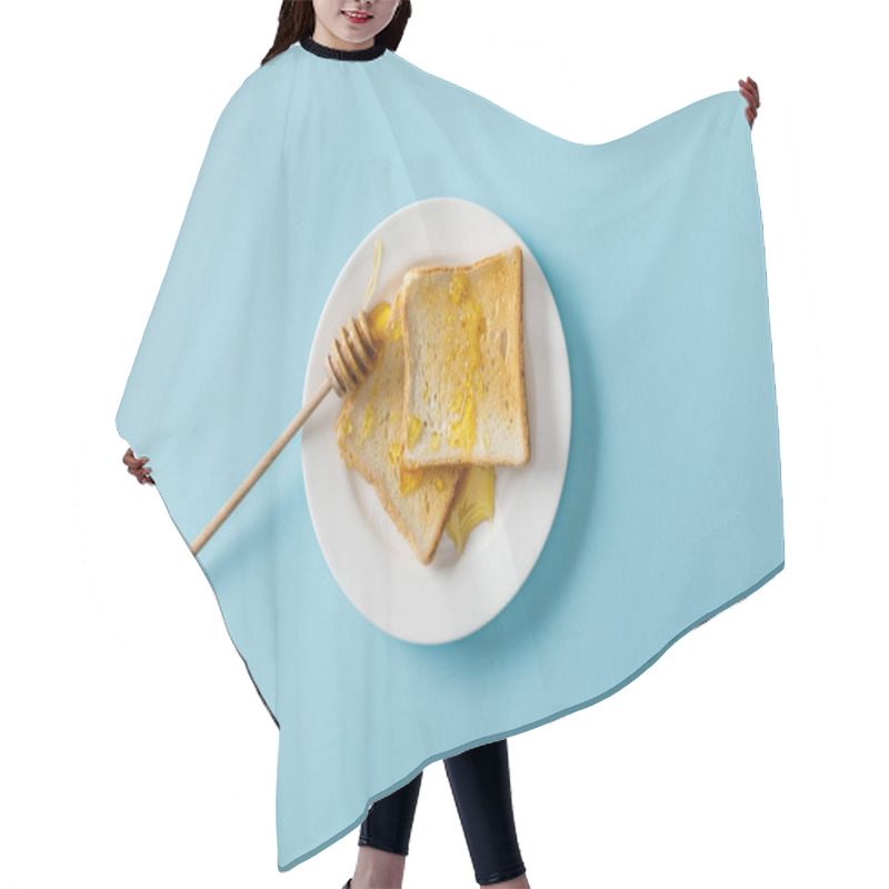 Personality  Top View Of Toasts With Honey And Wooden Dipper On White Plate On Blue Background  Hair Cutting Cape