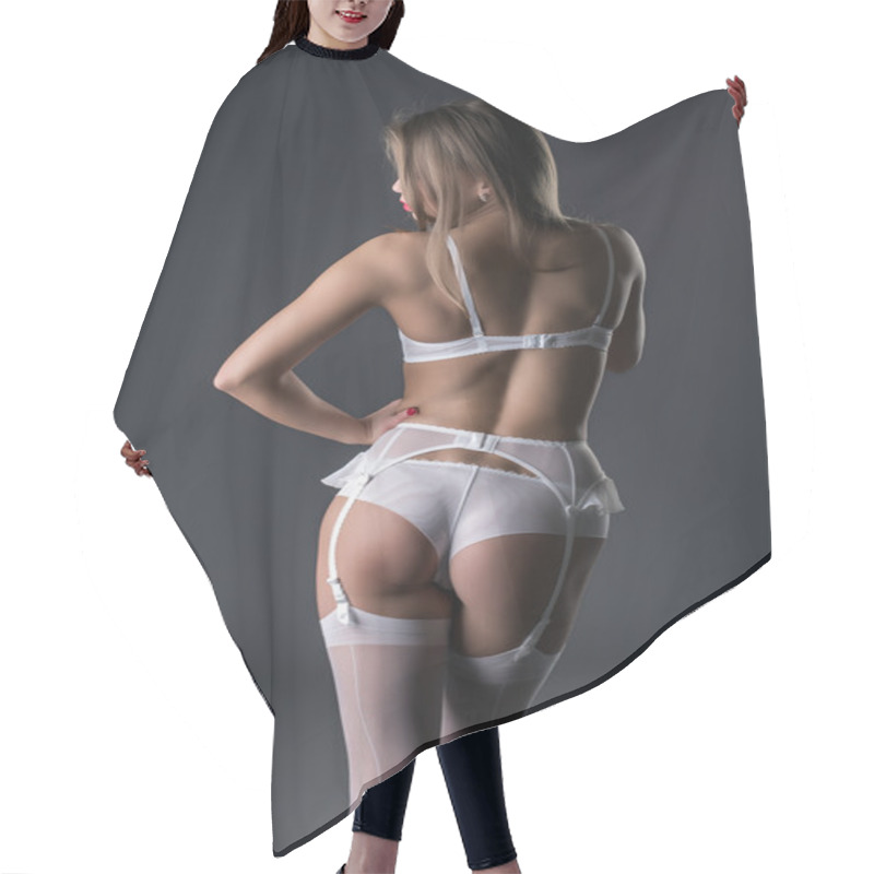 Personality  Back View Of Model In Lingerie And Garter Belt Hair Cutting Cape