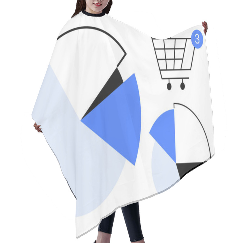 Personality  Shopping Cart With Notification Badge And Two Pie Charts With Different Sections In Blue, Black, And White. Ideal For E-commerce, Business Analysis, Financial Reports, Market Research, Data Hair Cutting Cape