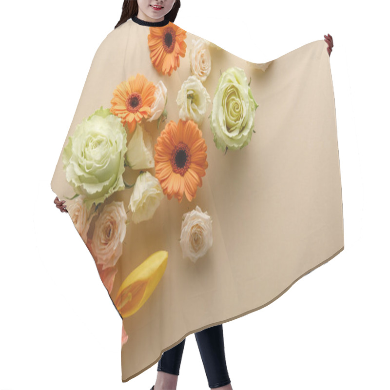 Personality  Top View Of Spring Flowers Scattered On Beige Background Hair Cutting Cape