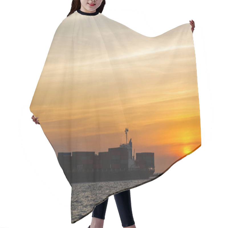 Personality  Sunset Into The Sea With The Container Ship Silhouette Hair Cutting Cape