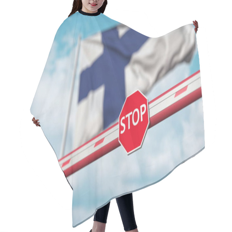 Personality  Closed Boom Barrier With Stop Sign Against The Finnish Flag. Restricted Entry Or Certain Ban In Finland. 3D Rendering Hair Cutting Cape