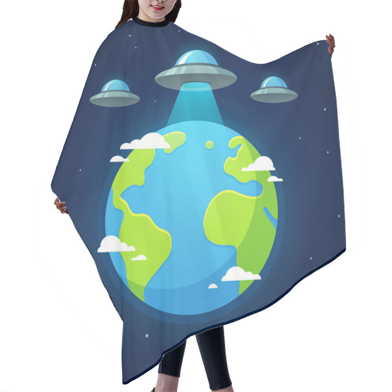 Personality  Alien Invasion, Flying Saucer Ufos Above Earth In Outer Space. Cartoon Vector Illustration. Hair Cutting Cape