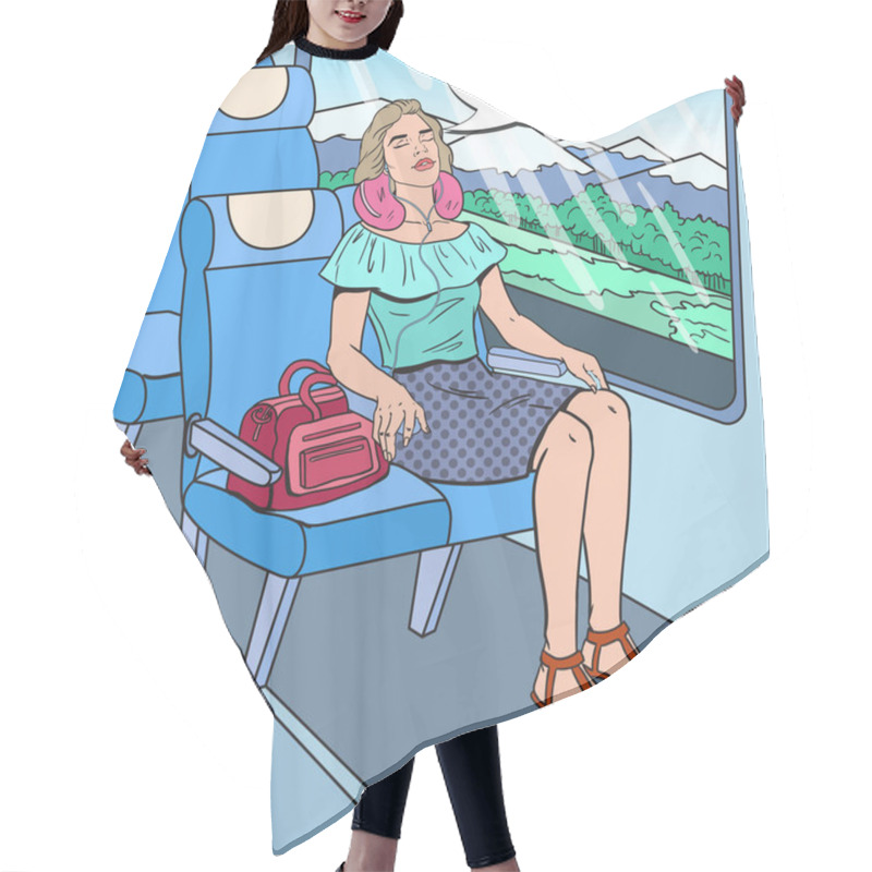 Personality  Pop Art Young Woman Travelling By Train With Earphones. Time To Travel. Vector Illustration Hair Cutting Cape