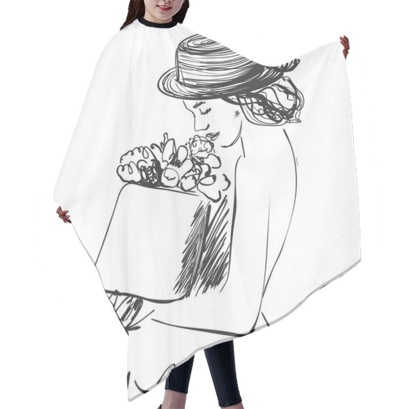 Personality  Beautiful Women In The Hat With Gift. Fashion Model Sketch Hair Cutting Cape