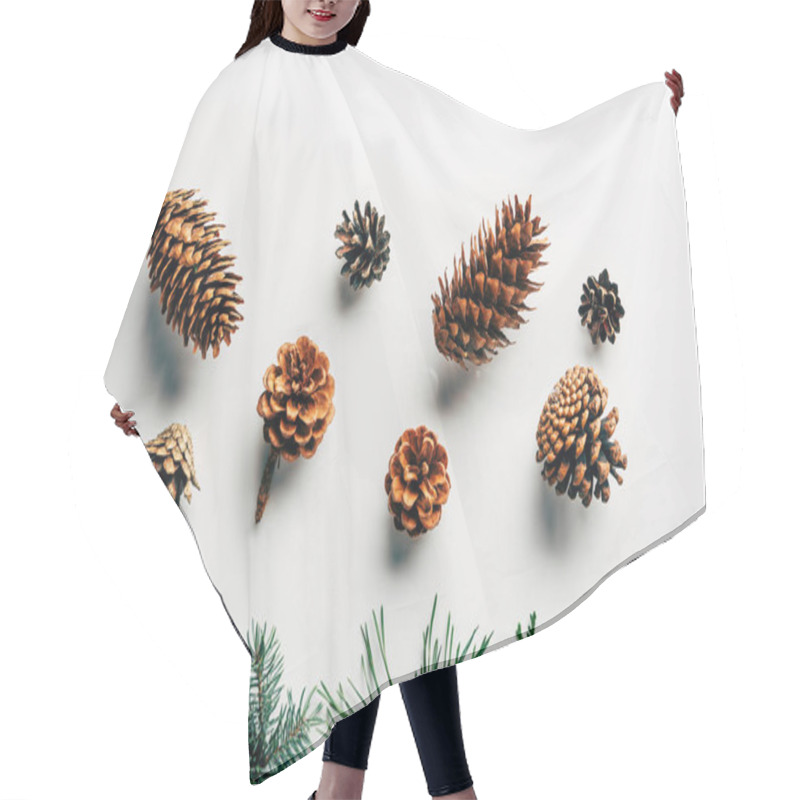 Personality  Flat Lay With Green Branches And Pine Cones Arranged On White Backdrop Hair Cutting Cape