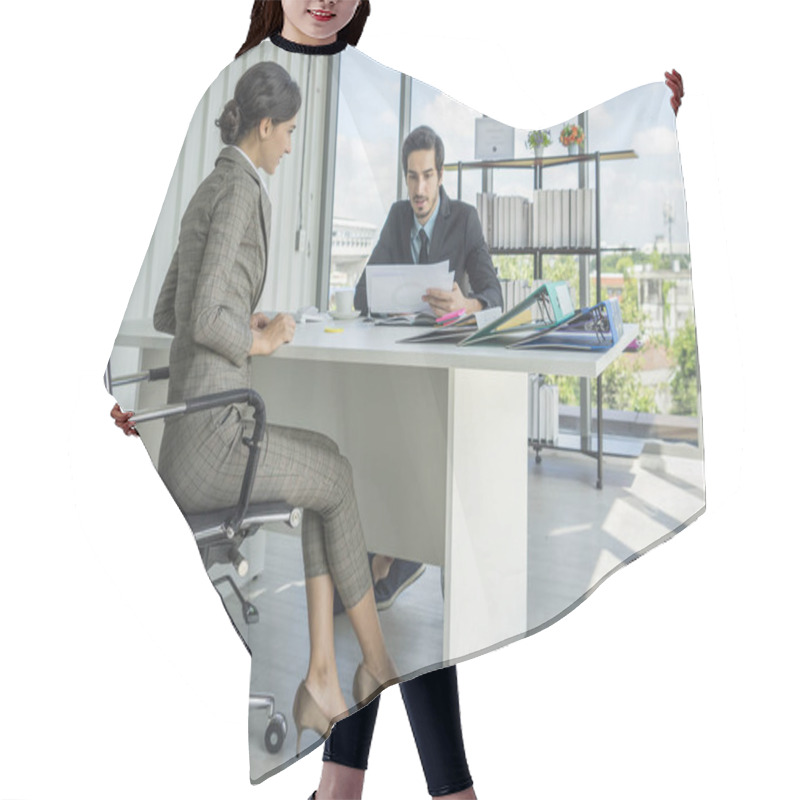 Personality  Woman And Man Colleagues Working Together In Co Working Area Hair Cutting Cape