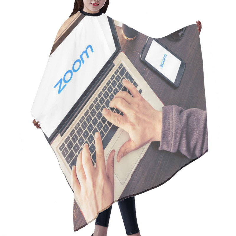 Personality  Laptop And Mobile Phone Showing Zoom Cloud Meetings App Logo. Antalya, TURKEY - March 30, 2020. Hair Cutting Cape