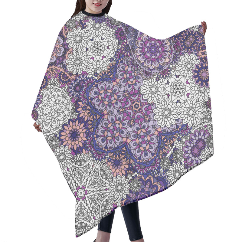 Personality  Seamless Asian Ethnic Floral Retro Doodle Violet Lilac Blue White Background Pattern In Vector. Henna Paisley Mehndi Doodles Design Tribal Pattern. Hair Cutting Cape