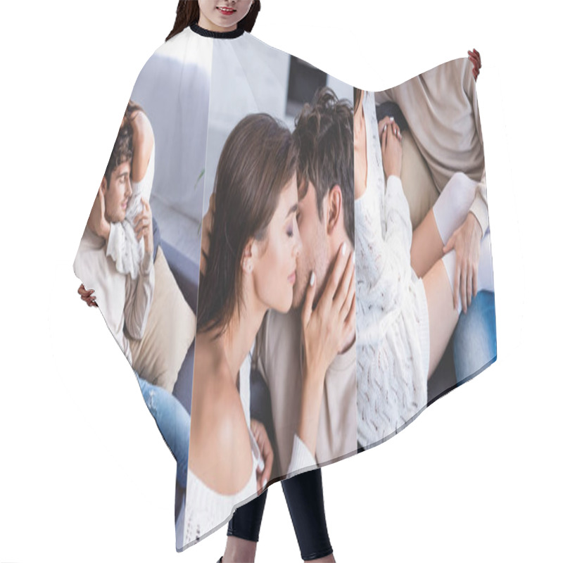 Personality  Collage Of Young Couple Hugging And Touching Each Other On Couch, Banner  Hair Cutting Cape