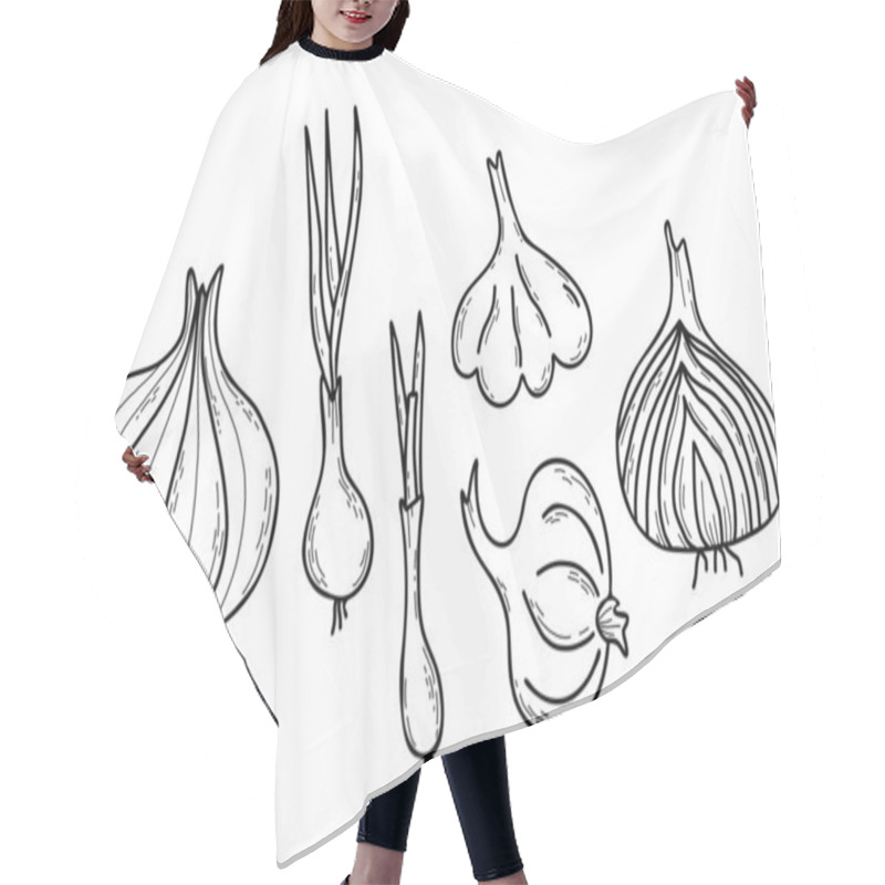 Personality  Collection Of Onion Vegetables. Onion. Beautiful Edible Plant - Bulb With Feathers, Onion Cut In Half And Garlic. Vector Illustration. Hand Drawn Line Doodles, Outline For Design, Decor And Decoration Hair Cutting Cape