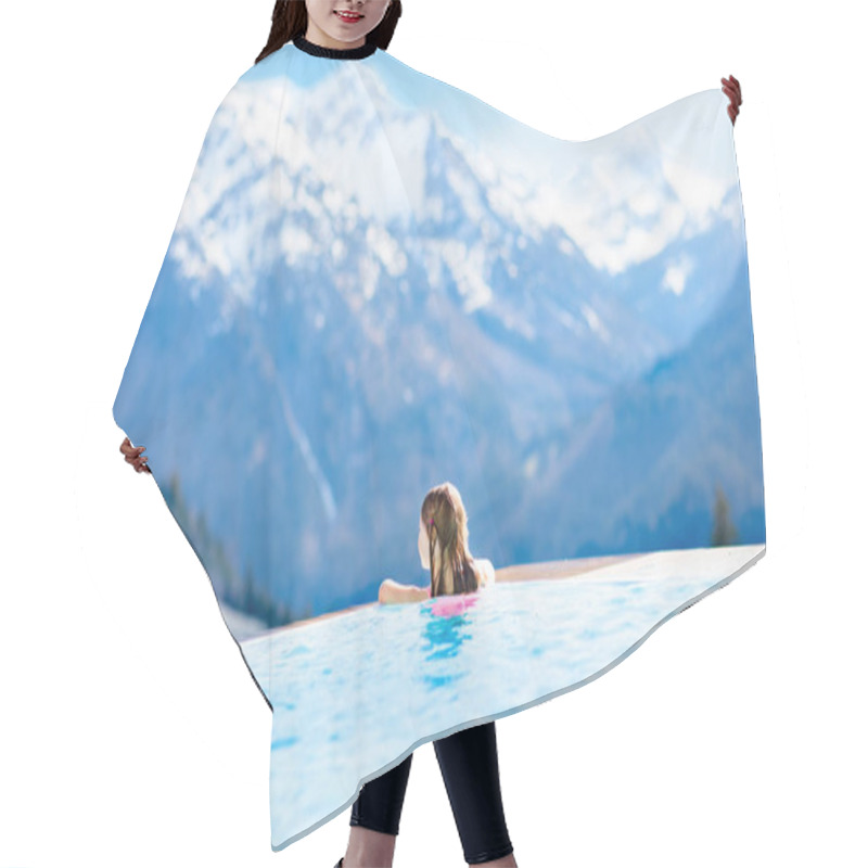 Personality  Child In Outdoor Swimming Pool Of Alpine Resort Hair Cutting Cape