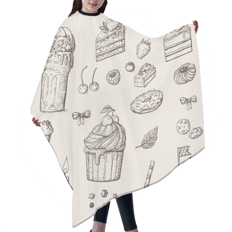 Personality  Vector Image Of The Drawn Sweets: Milkshake, Cakes, Slices Of Cake And Pie, Raspberries, Cherries, Strawberries, Blueberries, As Well As Many Different Cookies Hair Cutting Cape