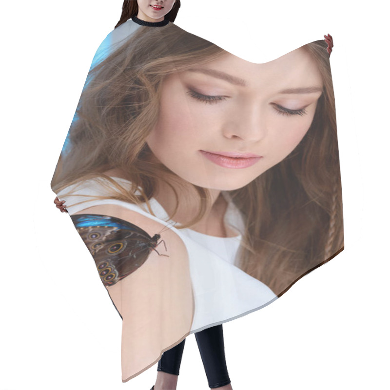 Personality  Sensual Young Woman With Butterfly On Shoulder Hair Cutting Cape