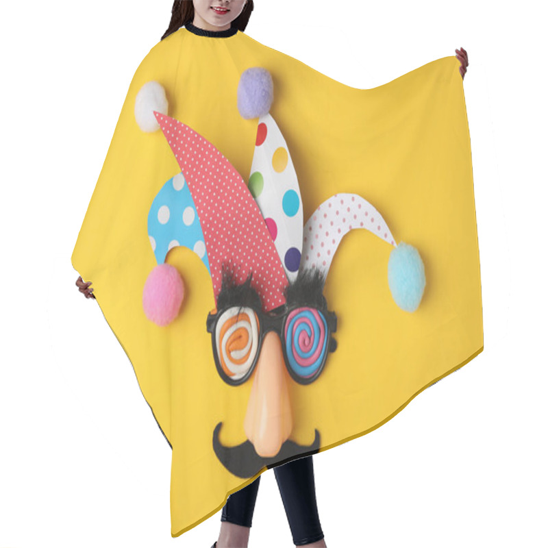 Personality  Funny Face Made Of Party Items On Yellow Background, Flat Lay. April Fool's Day Hair Cutting Cape