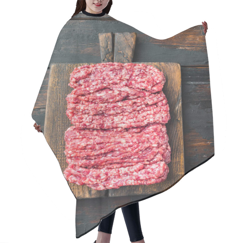 Personality  Raw Minced Fresh Meat, On Old Dark  Wooden Table Background, Top View Flat Lay Hair Cutting Cape