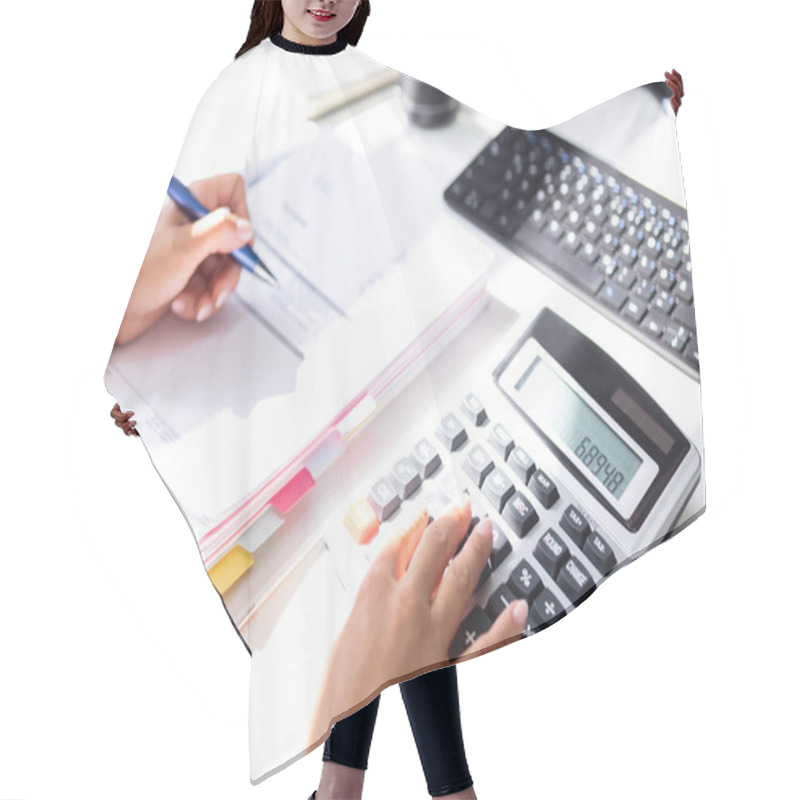 Personality  Businesswoman Calculating Tax At Desk In Office Hair Cutting Cape