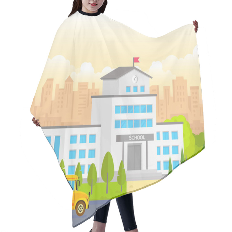 Personality  City School Building With Yellow Bus - Modern Vector Illustration Hair Cutting Cape