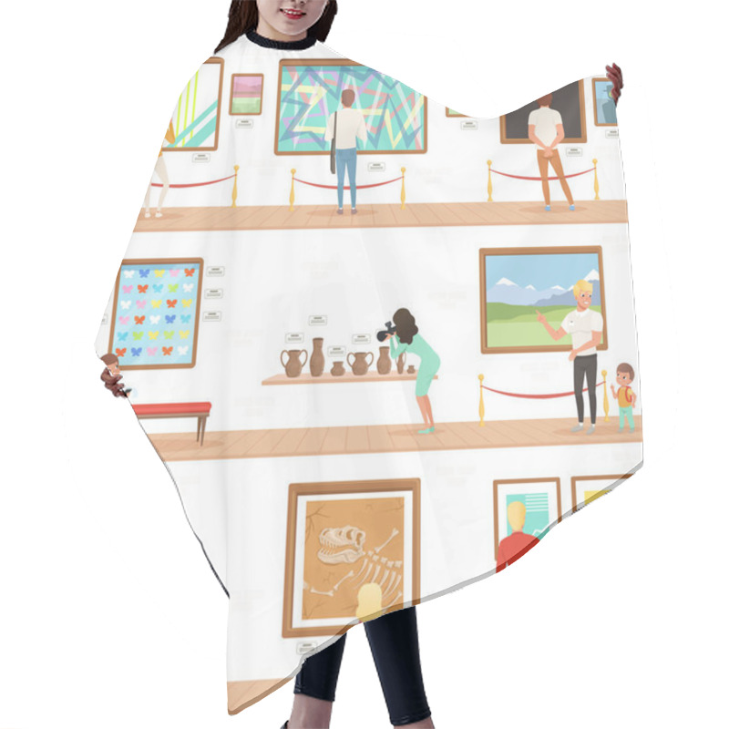 Personality  Cartoon Characters People Visitors In Art Museum. Paintings, Butterflies Collection And Sculptures In The Gallery. Cultural Activities Concept. Vector Vertical Flat Banners Hair Cutting Cape