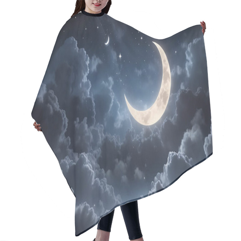 Personality  Starry Night With A Glowing Crescent Moon And Scattered Clouds Hair Cutting Cape