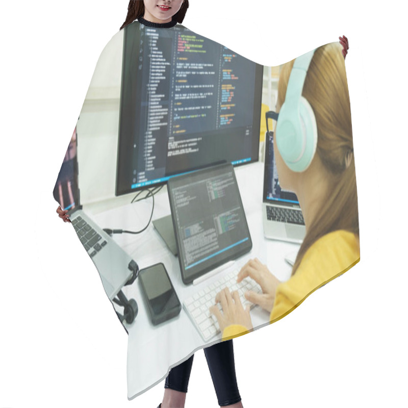 Personality  Programmer Is Coding And Programming Software. Business Woman Working On Computer In The Office. Hair Cutting Cape