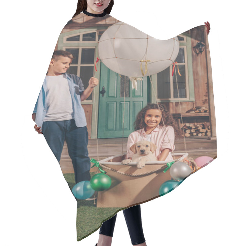 Personality  Girl With Puppy In Air Balloon Box Hair Cutting Cape