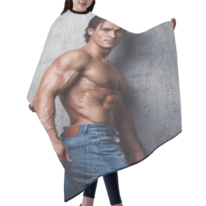 Personality   Muscular Man In Jeans Hair Cutting Cape